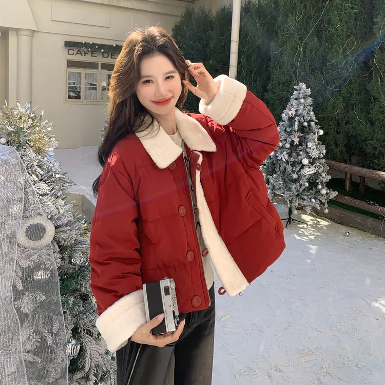 新年红色短款翻领羽绒服女冬季2025新款韩系减龄超好看本命年外套