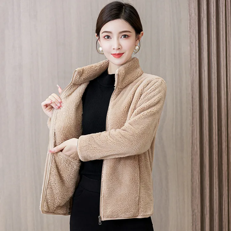 冬季女极简风立领保暖羊羔绒韩版短外套短款加厚加绒宽袖百搭冬装