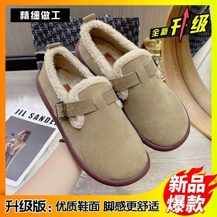 加绒勃肯款外出女鞋秋冬季豆豆鞋加绒全包跟棉拖鞋保暖毛毛鞋棉鞋