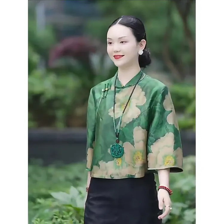 中式国风牡丹花仿香云纱上衣2025夏秋高端印花仿真丝桑蚕丝衬衫女