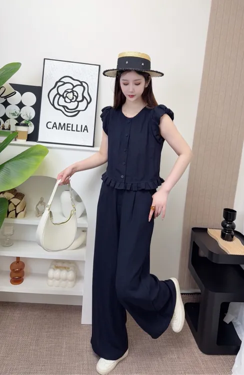 时尚休闲夏季新款减龄小飞袖衬衫搭配阔腿裤套装
