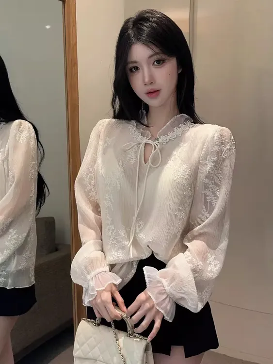 新中式刺绣花朵立领绑带长袖衬衫绝美独特洋气上衣女秋冬气质内搭