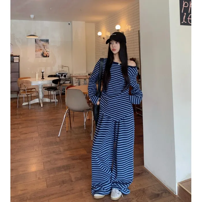 时尚套装斜肩气质长袖T恤女秋季设计感撞色条纹休闲长裤两件套装