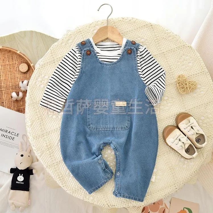 2024秋上新婴儿牛仔套装春秋季哈衣新生儿爬服男童国风套装秋装