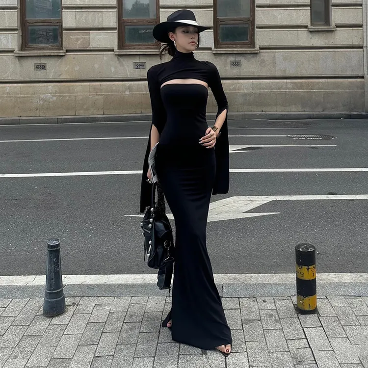 Malou 摩登时尚御姐修身性感开叉连衣裙女 披肩袖套套装K25S80567