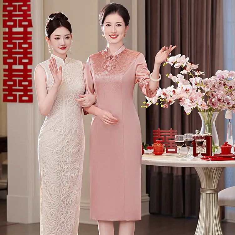 【香槟+酒红】高端缎面料妈妈结婚旗袍礼服喜婆婆婚宴装平时可穿J
