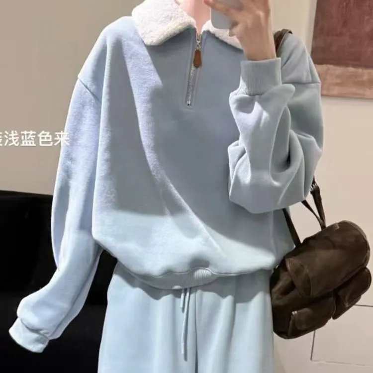 韩版加绒保暖毛绒翻领卫衣卫裤套装冬季新款慵懒风时尚两件套