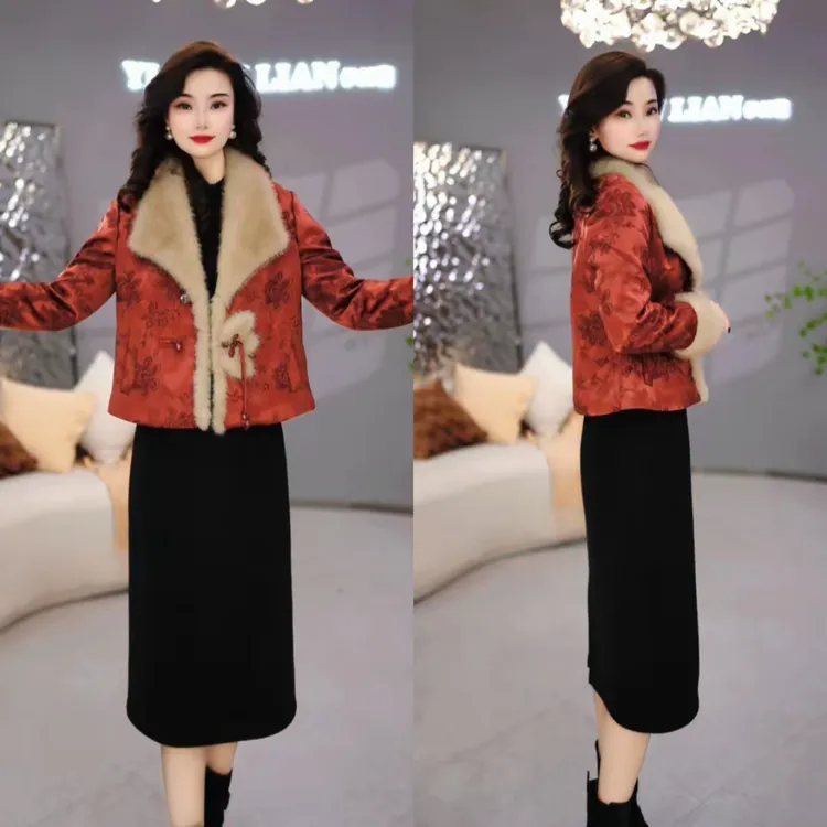 外套+连衣裙 2025冬季时尚复古红色气质加厚保暖毛领套装裙M-4XL