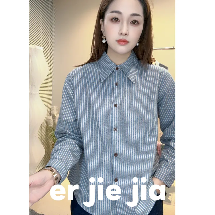 竖条纹复古磨毛衬衣女韩版百搭宽松长袖衬衫外套秋季内搭休闲上衣