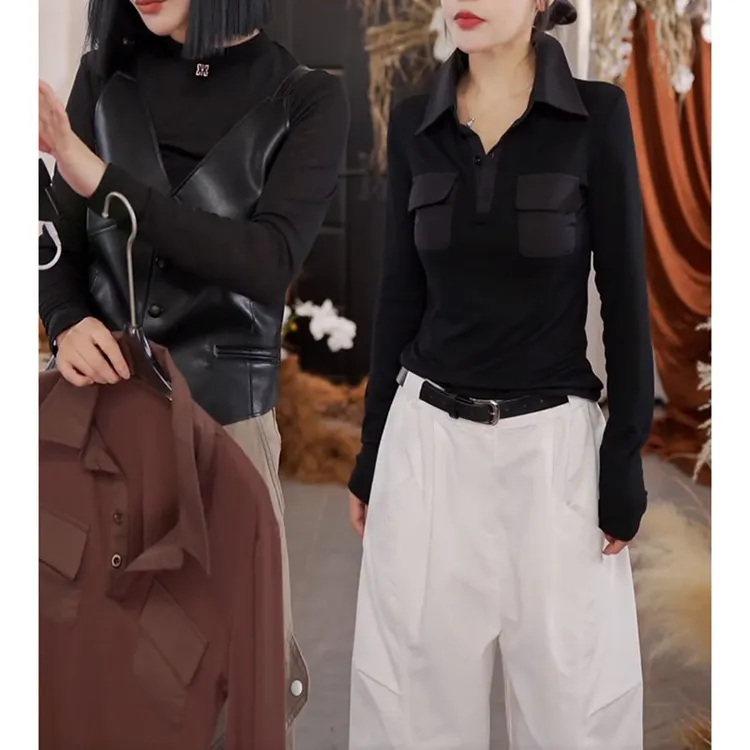 韩系短款Polo领长袖T恤女2025秋季气质显瘦内搭打底衫超好看上衣
