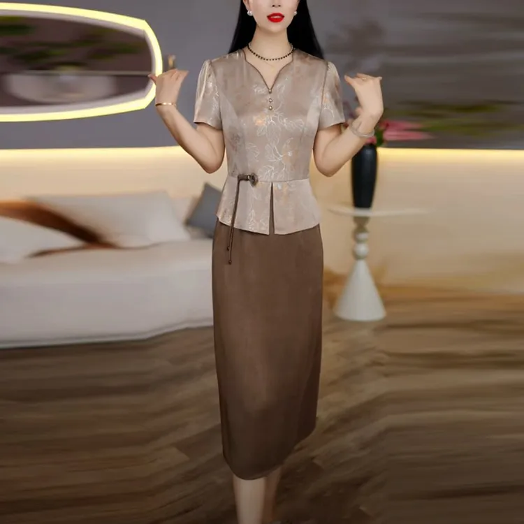 提花缎轻奢女装2025夏季新款时尚洋气温婉知性名媛假两件连衣裙子