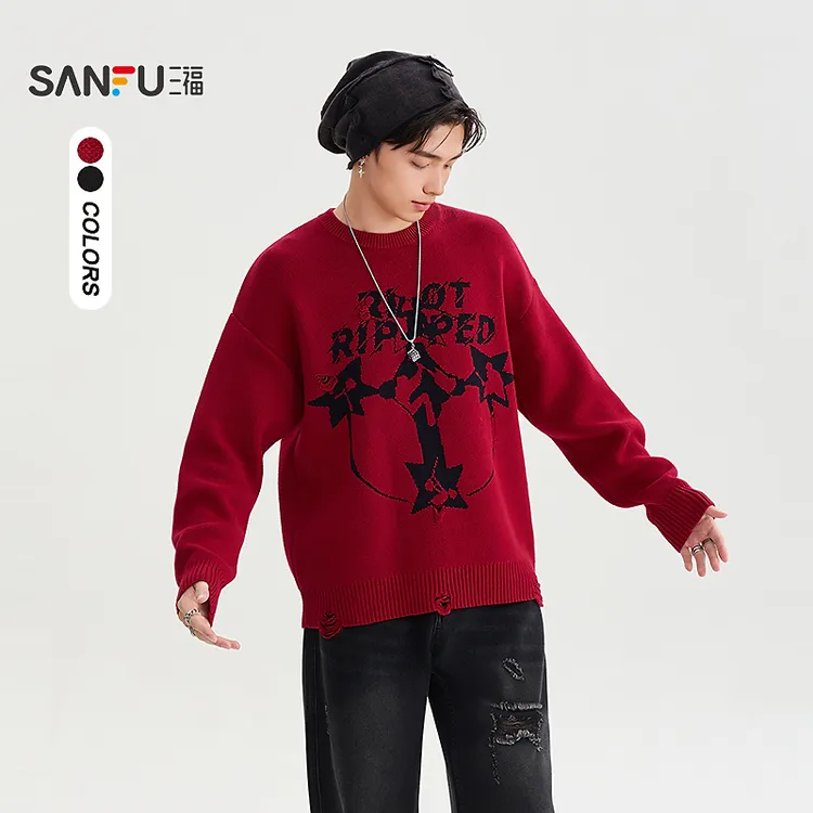SANFU/三福25冬季男士海胆头乐队图案毛衣街潮破洞圆领上衣510803