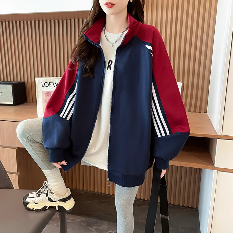 拼色立领设计感拉链薄款卫衣女春秋新款韩版宽松百搭休闲运动外套