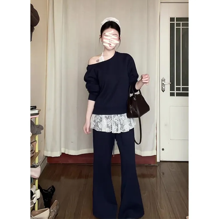 2025秋季新款韩系穿搭宽松露肩上衣减龄挂脖蕾丝百搭高腰阔腿长裤