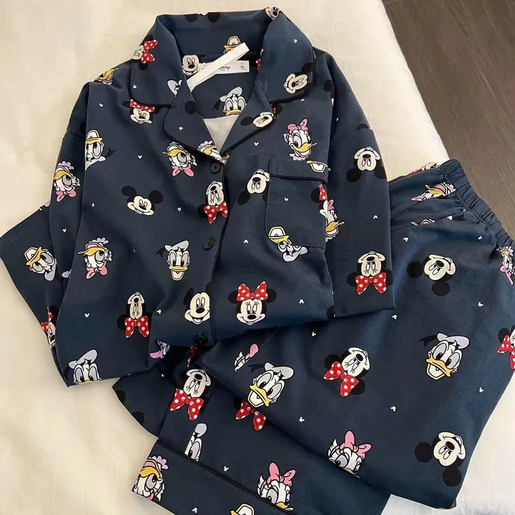 带胸垫纯棉睡衣女款可爱米奇春秋季翻领长袖长裤套装家居服可外穿