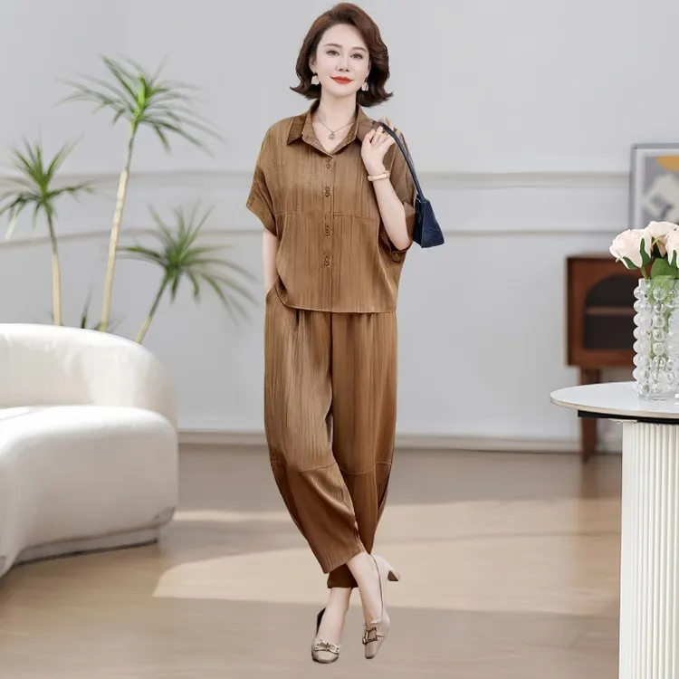 妈妈装洋气中年夏季冰丝麻套装短袖T恤七分裤两件套大码女装薄