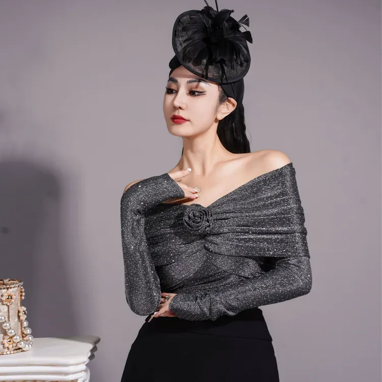 【星姐推荐】星原创高级定制【银河玫瑰】设计感一字肩花朵烫钻上衣