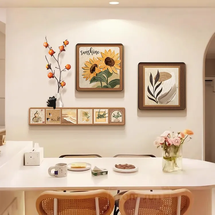向日葵餐厅挂画高级感客厅大白墙组合壁画奶油风饭厅餐桌旁装饰画