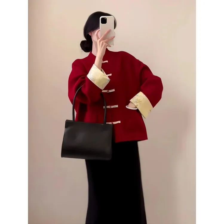 新年战袍红色套装裙大衣女款2025新款冬季毛呢外套女新中式盘扣