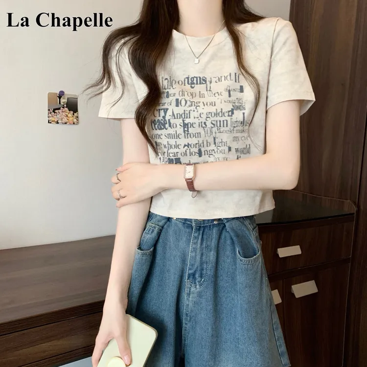 拉夏贝尔美式复古印花设计感短袖T恤女夏季新款休闲显瘦短款上衣