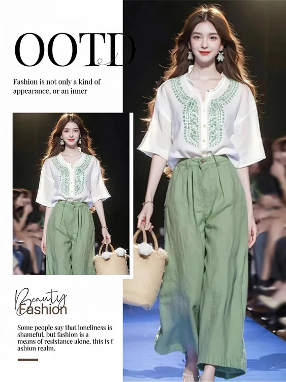 夏装搭配一整套时尚盐系御姐印花短袖衬衫上衣高腰休闲阔腿裤套装