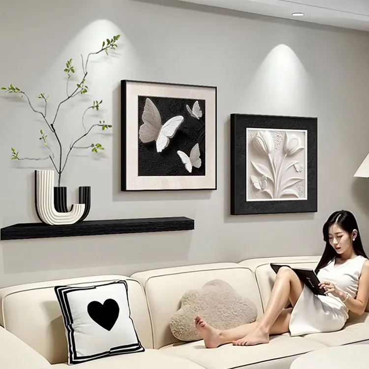 2025新款黑白抽象客厅装饰画沙发背景墙挂画轻奢组合绿植高档壁画