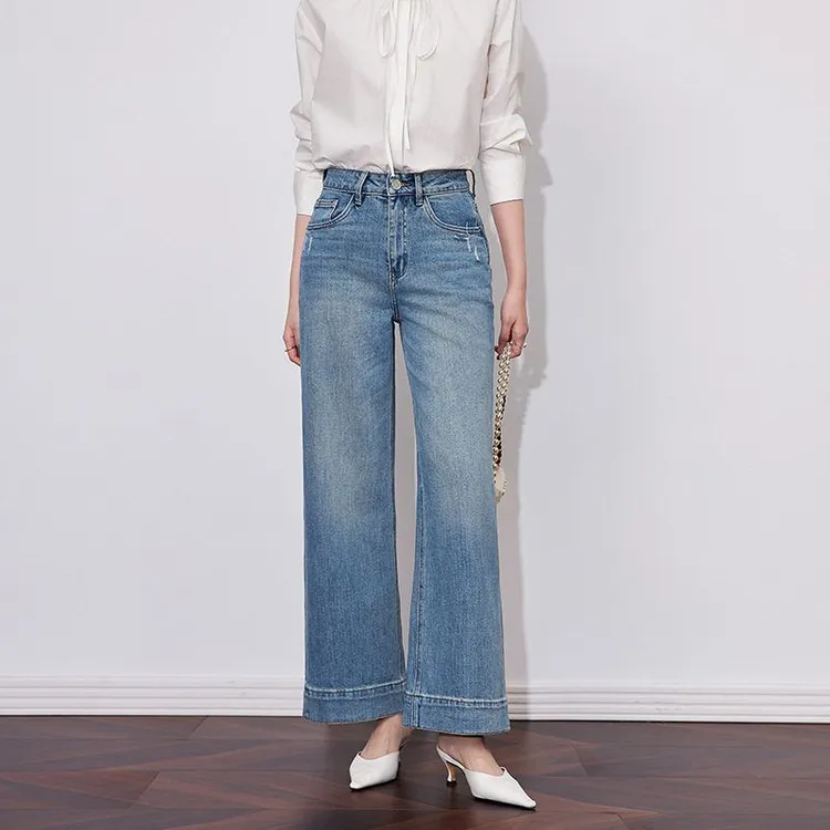 25春季新款磨白通勤磨丝阔高腰休闲经典女牛仔裤