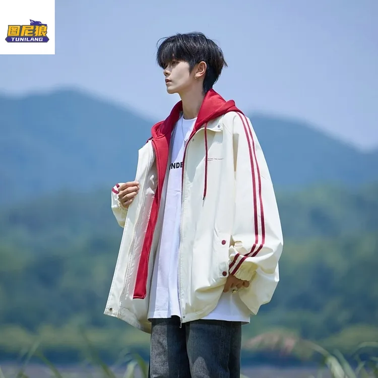 图尼狼秋季2025新款男士外套青少年大码休闲假两件连帽夹克外套