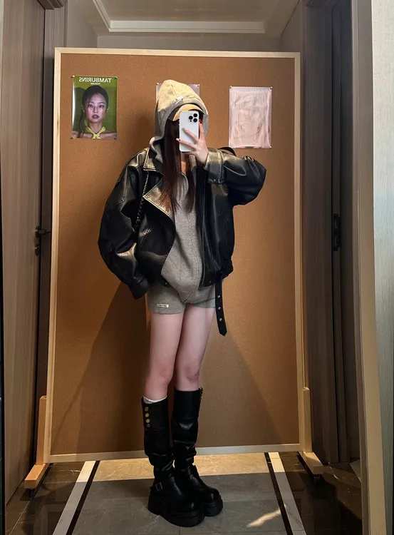 高端肌理感阔版双领机车皮衣女春秋时尚宽松显瘦