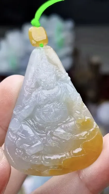 天然缅甸翡翠冰黄翡黄财神吊坠毛货买断需抛光尺寸51-36-7.2