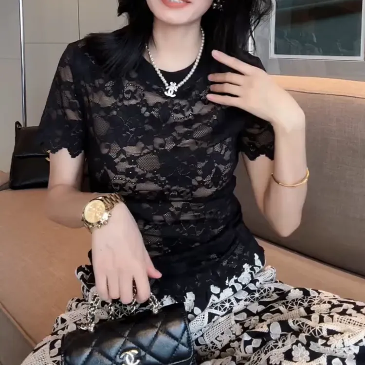 欧货新款定制蕾丝镂空微透洋气小衫上衣
