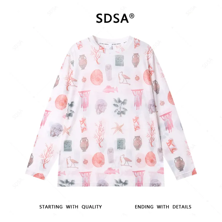 SDSA夏季新款男士痞帅美式潮牌满印抽象图案设计圆领长袖T恤百搭