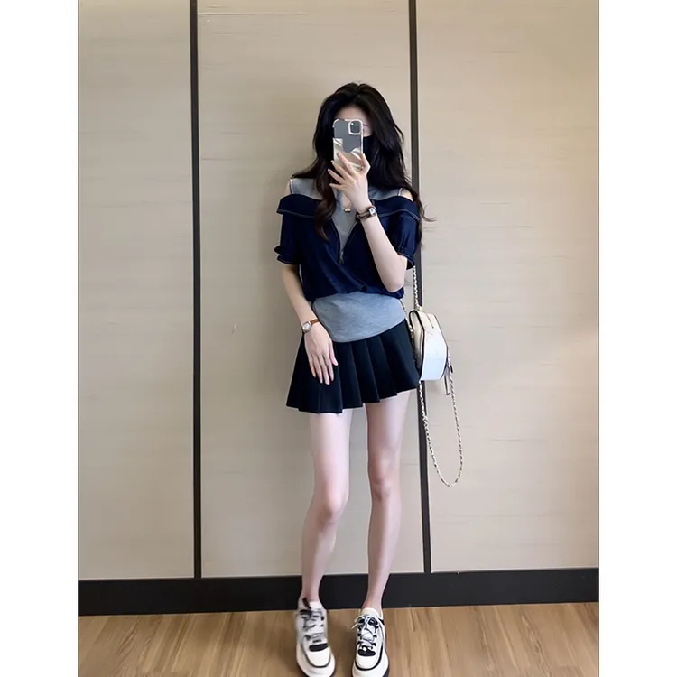 法式设计感小众露肩T恤百褶短裙套装夏季穿搭一整套两件套巨好看