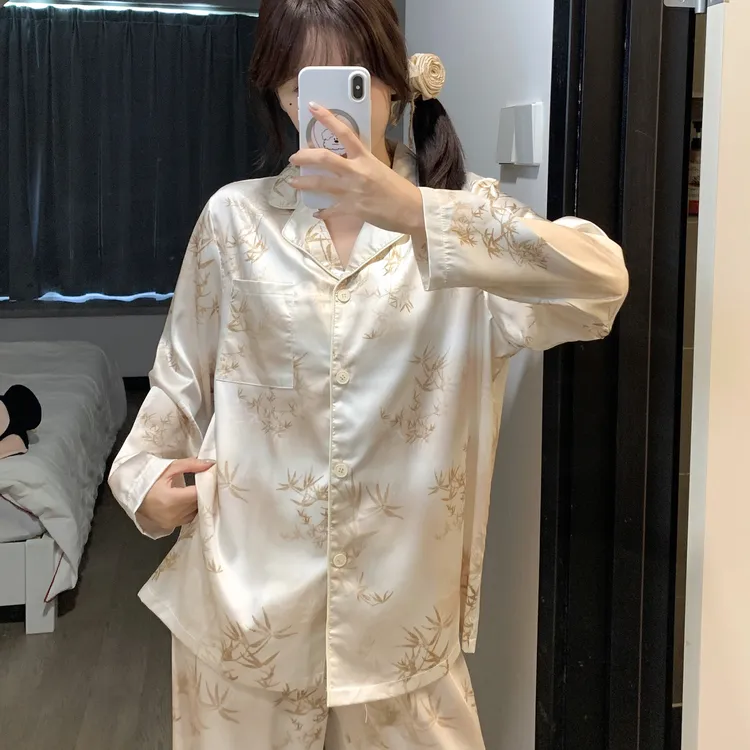 国风高级感缎面冰丝睡衣女春秋季长袖2025新款仿真丝绸家居服套装