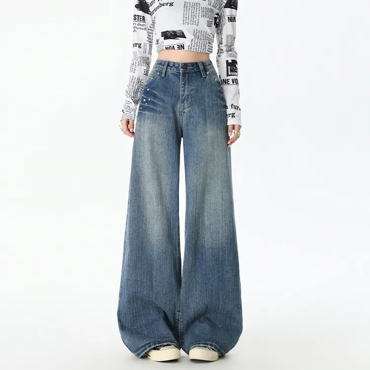 美式复古垂感阔腿牛仔裤女秋季高腰显瘦铆钉设计感宽松拖地直筒裤