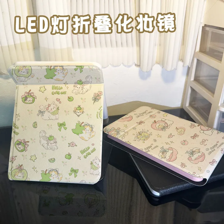 新款LED灯三色调节化妆镜折叠学生宿舍桌面镜家用办公镜子补光灯