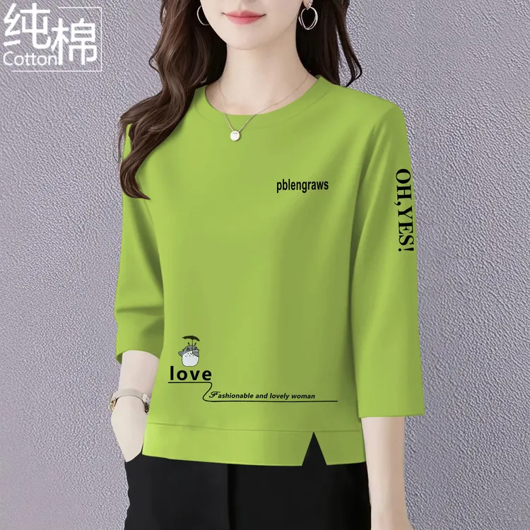 纯棉七分袖t恤女中年妈妈装夏季新款洋气宽松显瘦遮肚上衣女体恤