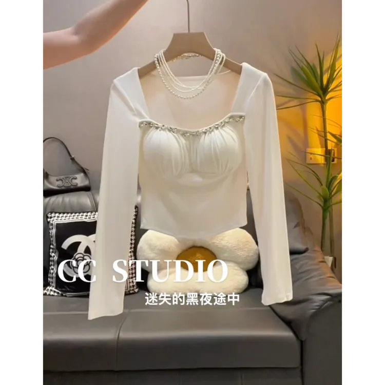 甜辣妹重工钉钻方领长袖t恤女春秋性感纯欲修身白色打底衫上衣