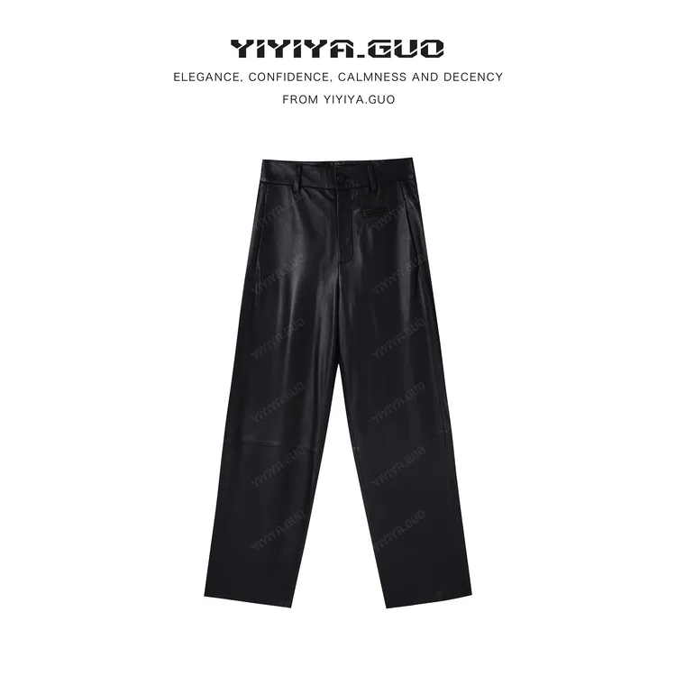 yiyiya.Guo艺艺吖秋冬新款时髦百搭光泽感奢雅直筒长皮裤2817SS52