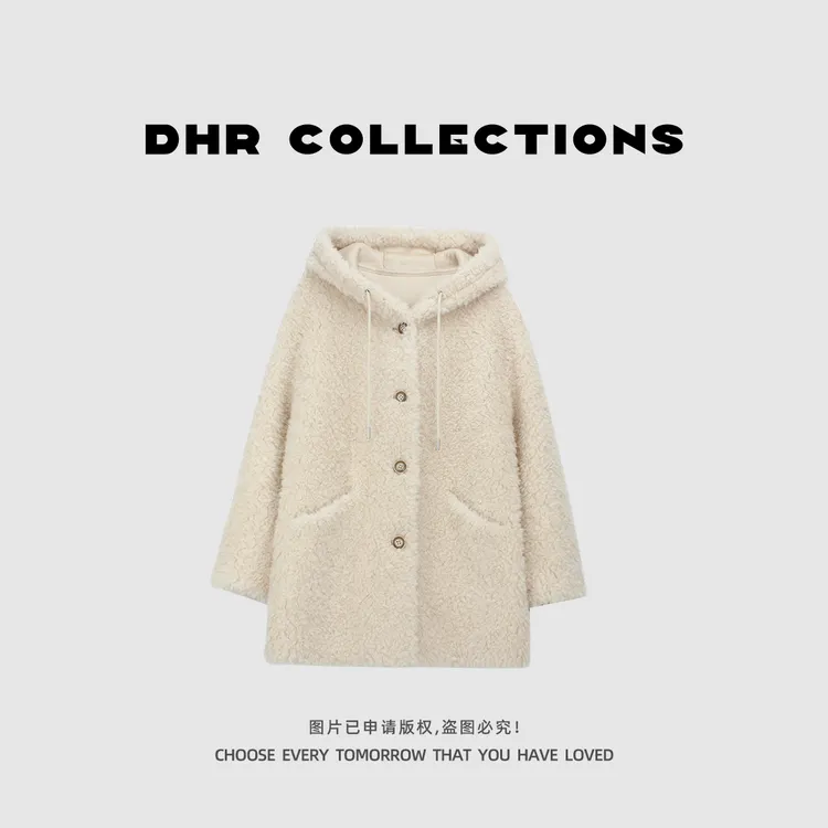 豆豆DD【100%羊毛】新款慵懒风中长款连帽加厚毛毛外套-955625DW