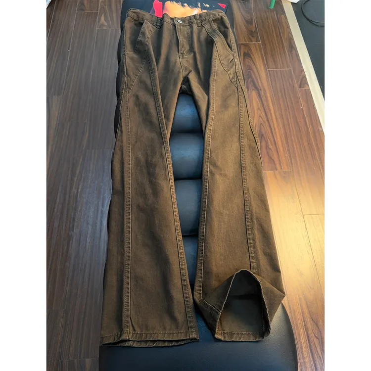 美拉德咖啡色斜切牛仔裤男款秋冬纯棉水洗加绒修身裤子直筒工装裤