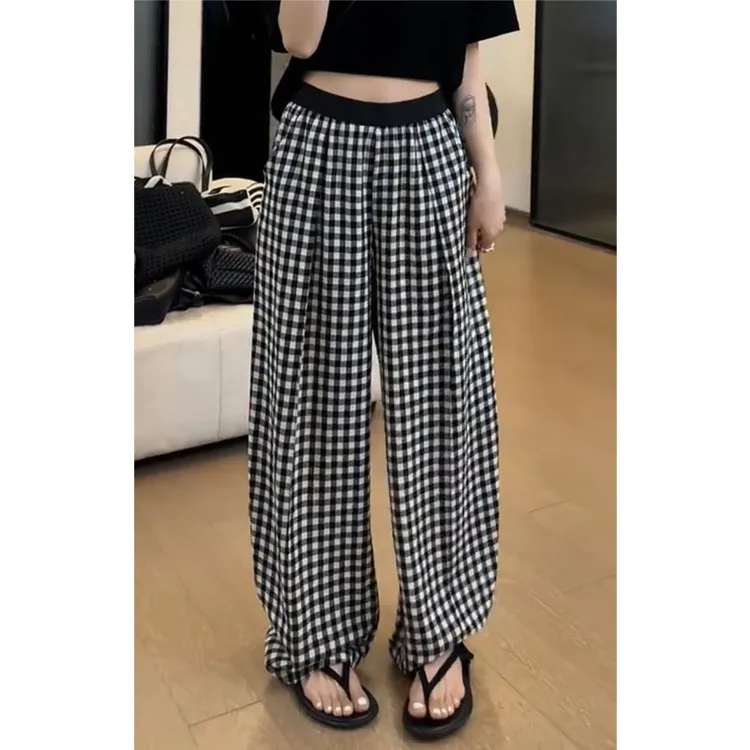 艾塔莉宽松遮肉休闲裤女夏季新款百搭基础款格子裤大码阔腿直筒裤