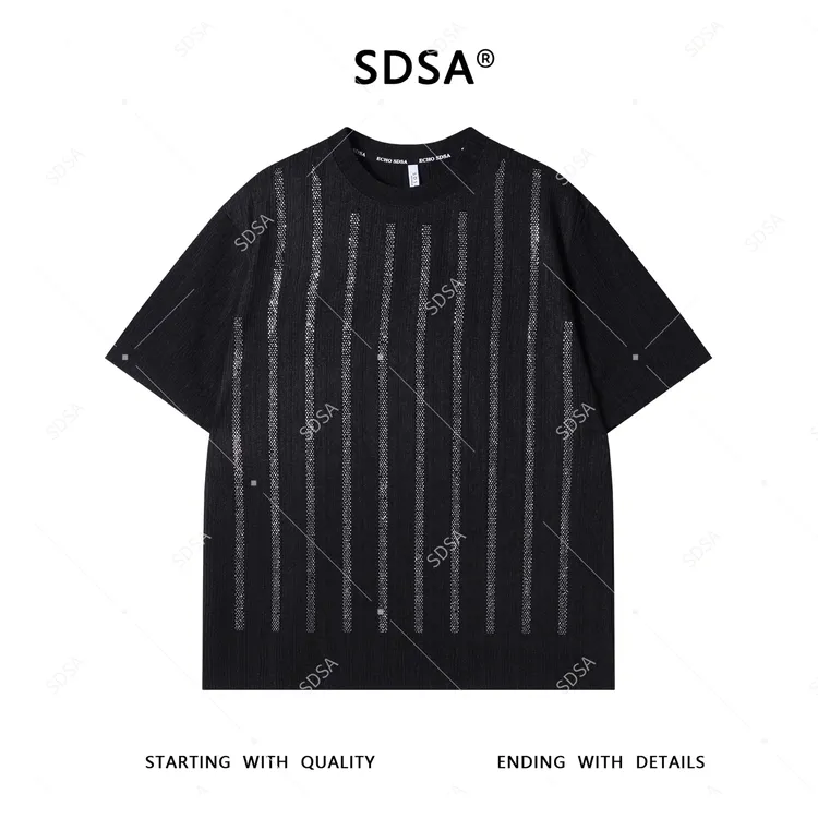 SDSA夏季新款男士痞帅美式肌理感烫钻竖纹圆领短袖T恤百搭时尚