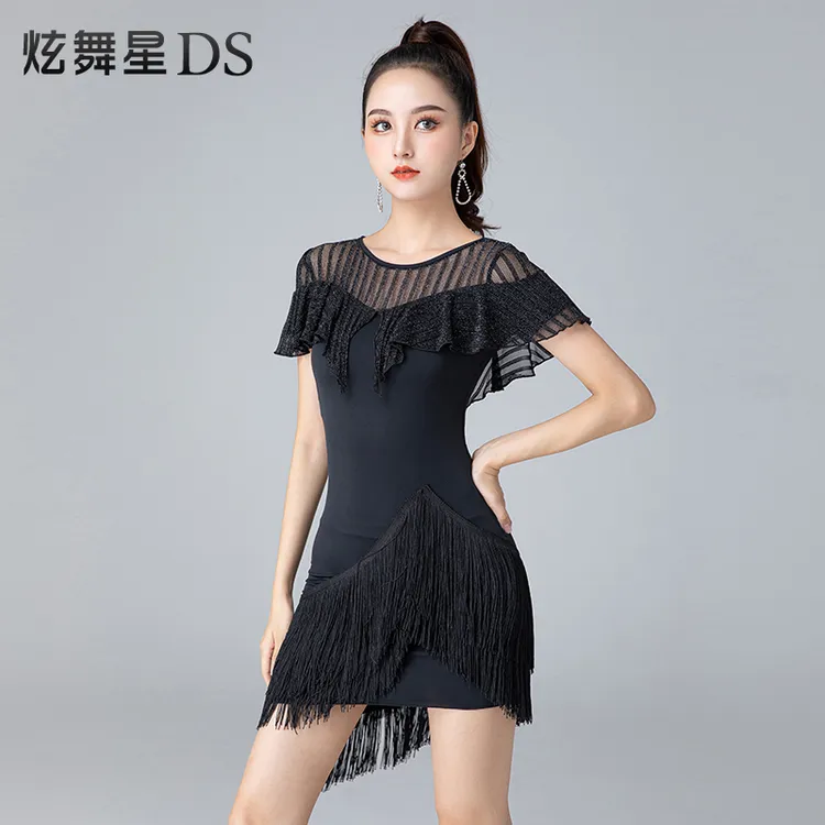 拉丁舞连衣裙性感流苏练功服套装专业网纱荷叶边舞蹈服高档训练服