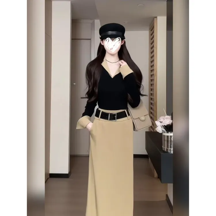 韩系氛围感秋季穿搭上复古套头针织衫女~半身长裙琥珀系套装Y5310