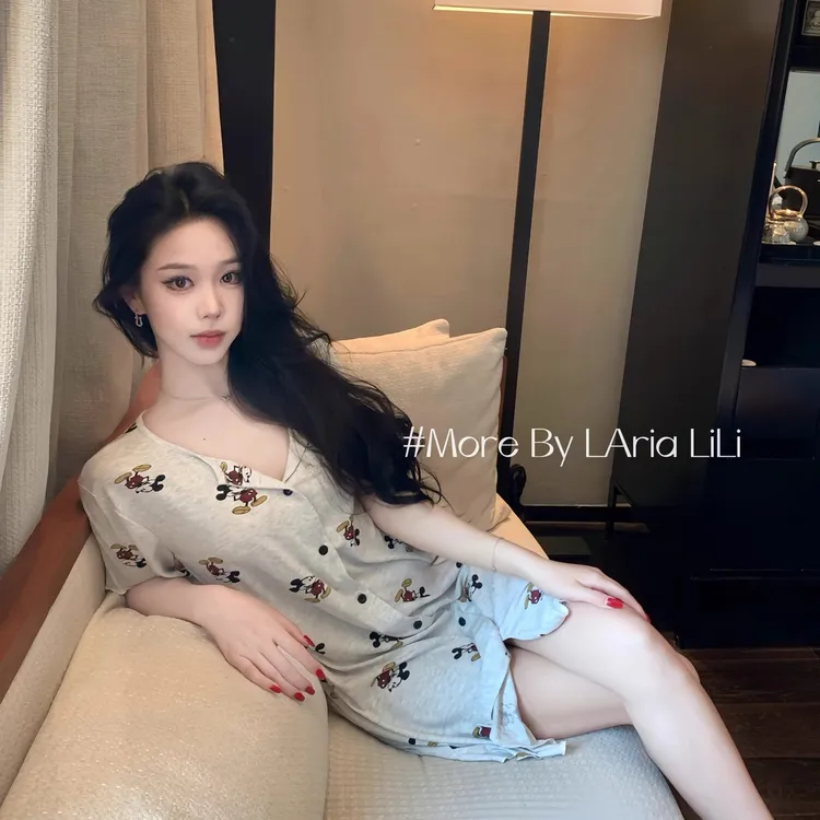 韩版卡通米奇纯欲风中长款睡裙女款夏季新款开衫休闲家居服带胸垫