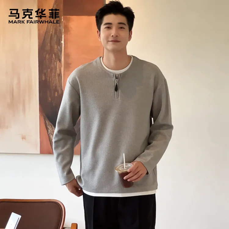 马克华菲潮流休闲时尚纯色假两件长袖半拉链套头圆领秋季男士卫衣