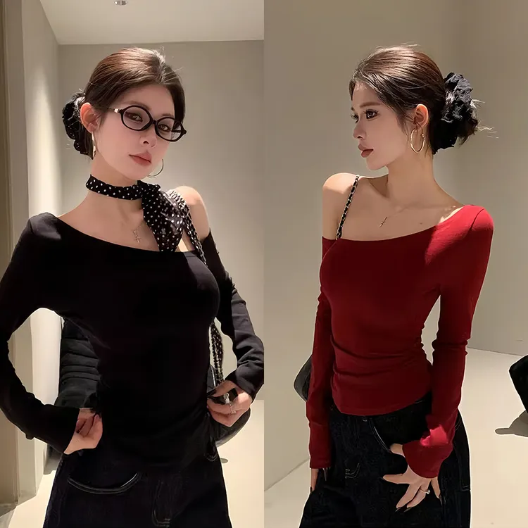 长袖T恤女打底衫性感辣妹修身显瘦内搭不规则一字领露肩斜肩上衣