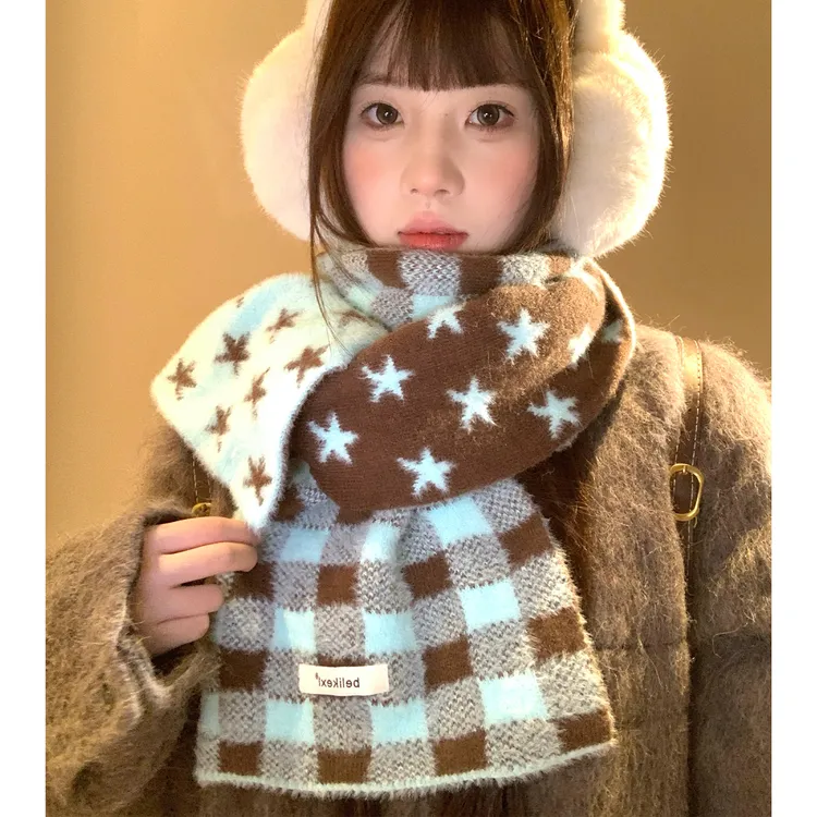 【大头星球】围巾女生冬加厚软糯护颈韩系氛围感格纹围脖