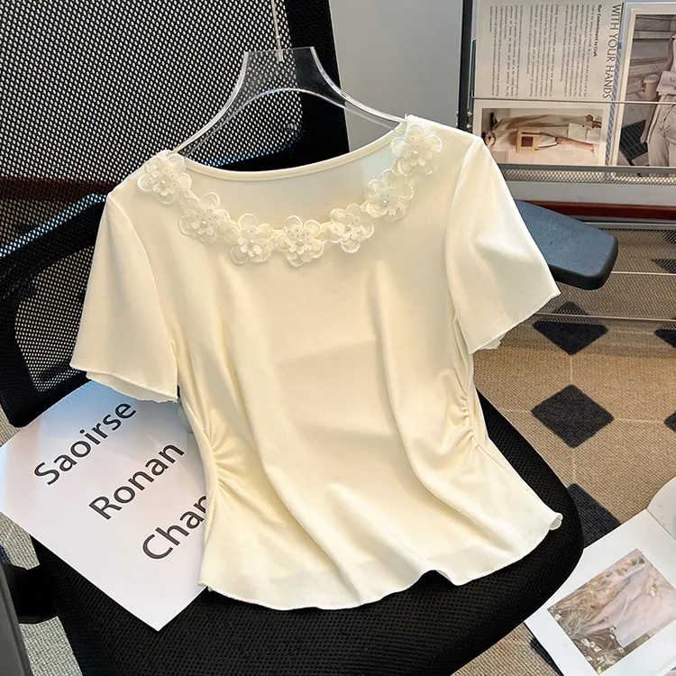 2025夏季新款法式立体钉珠花朵短袖t恤女设计感小众收腰显瘦上衣
